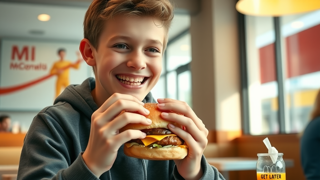 Teenager with braces eating a soft burger at McDonald