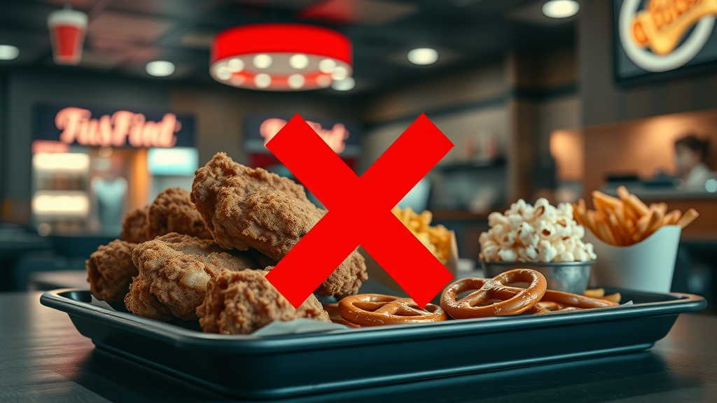 Selection of hard, crunchy fast foods like fried chicken and hard taco shells, foods to avoid with braces, fast food