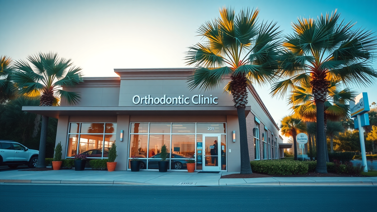 Modern orthodontic clinic exterior with welcoming architecture in Myrtle Beach, palm trees, and clear blue sky, perfect setting for beach orthodontic care.