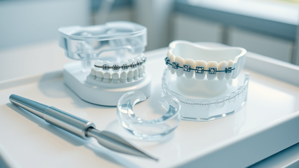 Close-up of clear aligners and metal braces on dental model, comparing orthodontic treatment options in Myrtle Beach ortho clinic.