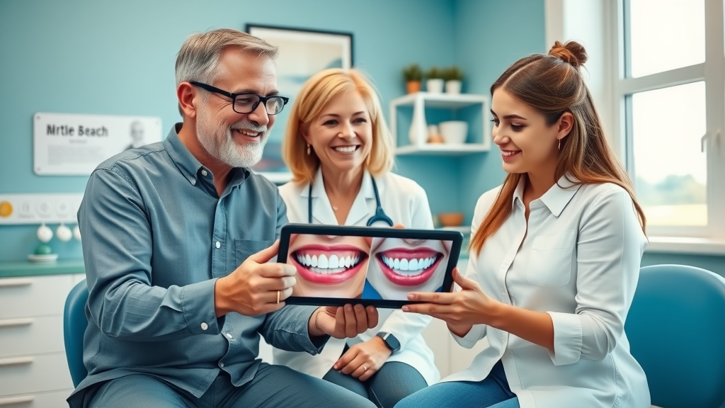 Friendly orthodontist consulting with family, showing before-and-after smile photos at Myrtle Beach clinic, symbolizing patient satisfaction and expert consultation in orthodontic care.