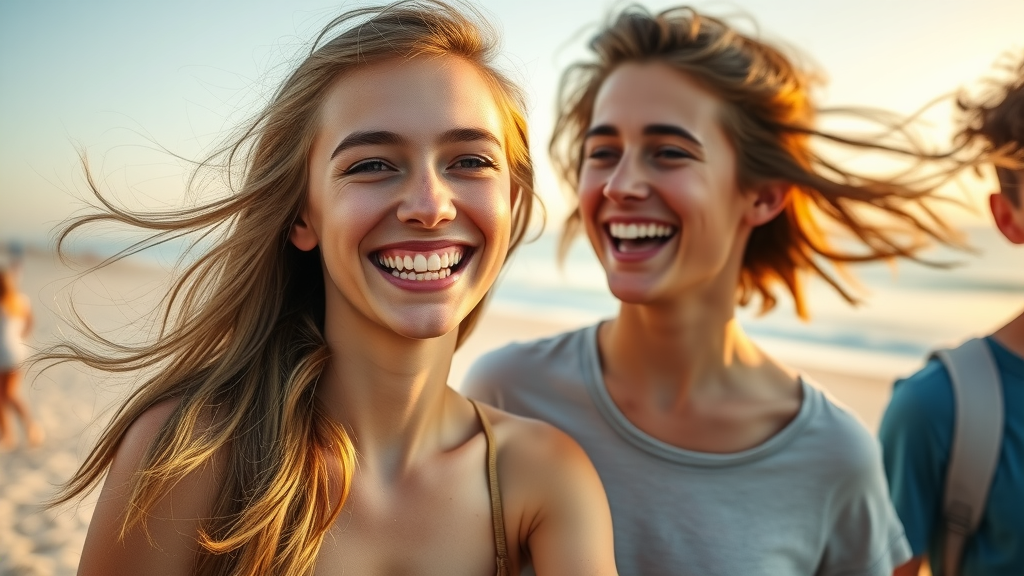 Joyful young adult with beautiful straight teeth after orthodontic treatment in Myrtle Beach, celebrating with friends at beach boardwalk.