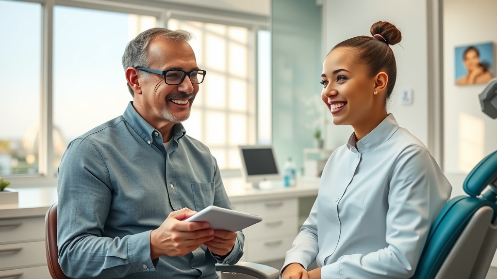 welcoming dental office for braces cost consultation with orthodontist and smiling patients in Myrtle Beach, modern clinic, natural light