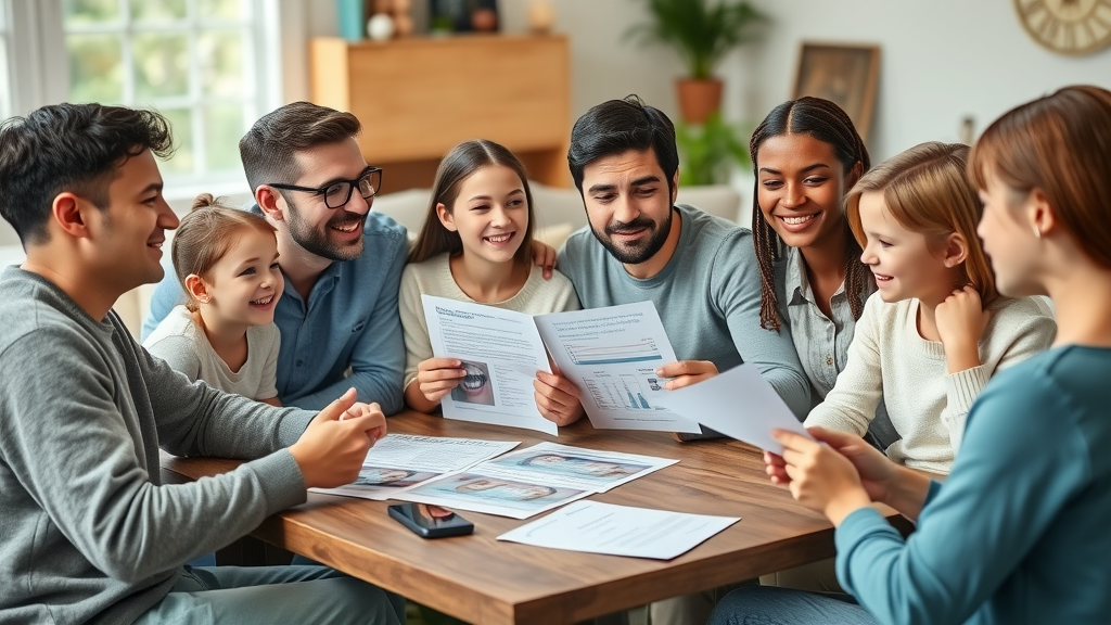 family considering orthodontic treatment cost options in Myrtle Beach, brochures and cost charts, diverse and curious expressions