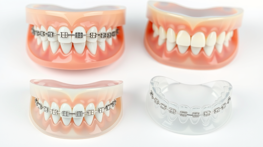 dental models showing traditional metal braces, ceramic braces, clear aligners, and lingual braces types in Myrtle Beach