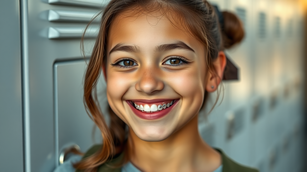 teenager with traditional metal braces in Myrtle Beach, confident and smiling in front of school lockers