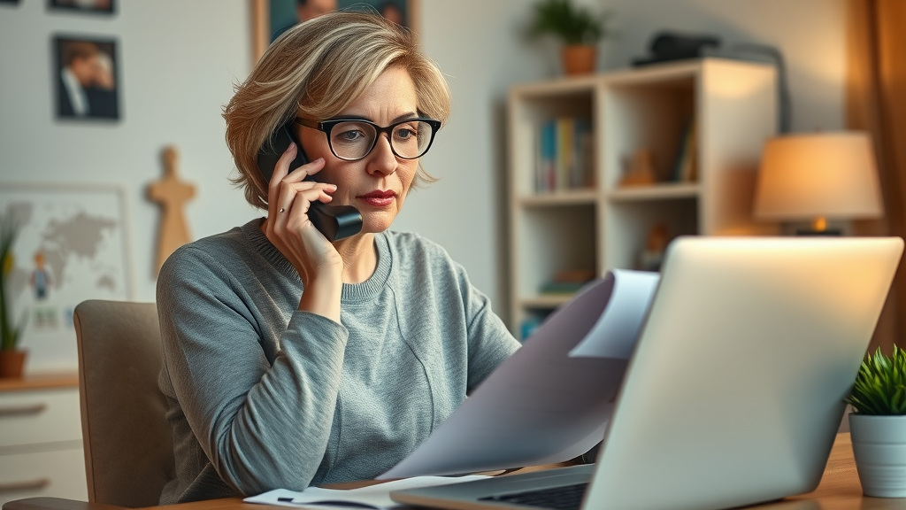 middle-aged woman calling dental insurance provider about orthodontic treatment in Myrtle Beach, focused and organized at home office