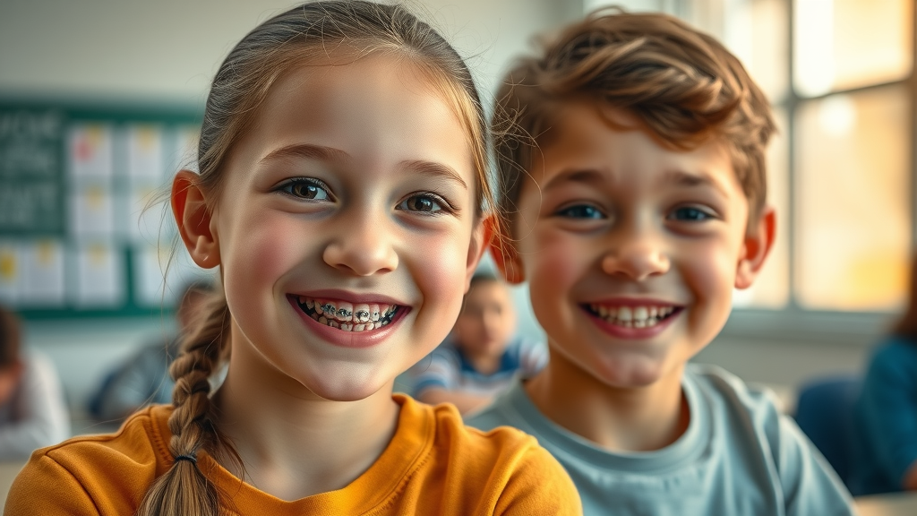 Smiling teen and child with metal and ceramic braces showing confidence after orthodontic treatment in Conway, SC