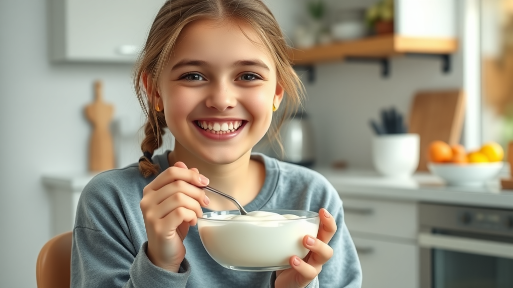 Cheerful teenage girl with new braces eating soft yogurt in a bright kitchen - what to eat with braces the first day