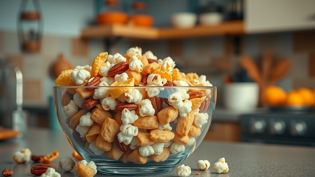 Bowl of crunchy snacks like popcorn, chips, and nuts to avoid when eating with braces for the first day