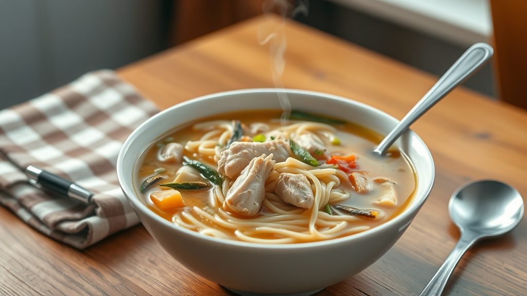 Lukewarm chicken noodle soup as a soft food choice for eating with braces on the first day