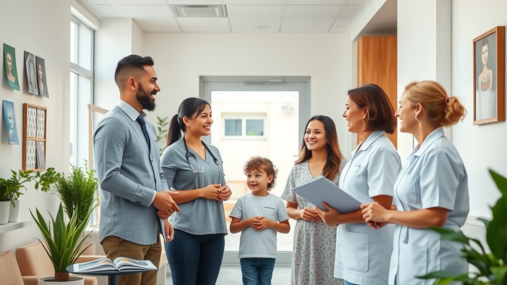 Welcoming orthodontic office in Murrells Inlet with bright and modern decor, friendly staff greeting a diverse family in a clean inviting waiting area with magazines and plants. Highlights what to ask before choosing an orthodontist in Murrells Inlet.