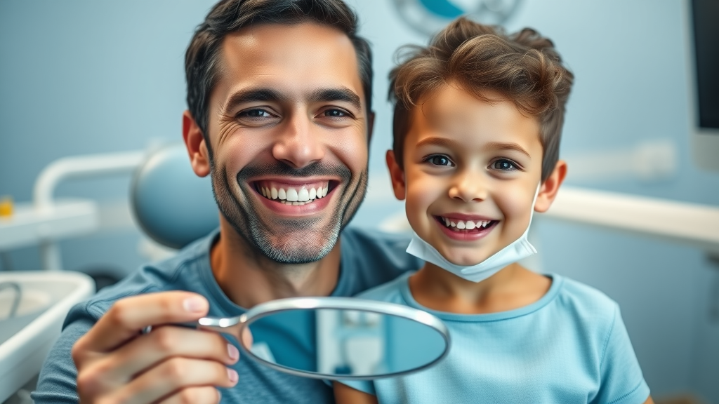 Confident adult and child patient smiling with newly straight teeth at an orthodontic office, showcasing joy and healthy results from choosing an orthodontist in Murrells Inlet.
