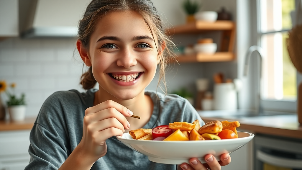 Comforting plate of braces-friendly foods, inviting, smiling teen wearing braces eat with braces, enjoying soft foods in cozy kitchen setting with fruits and vegetables