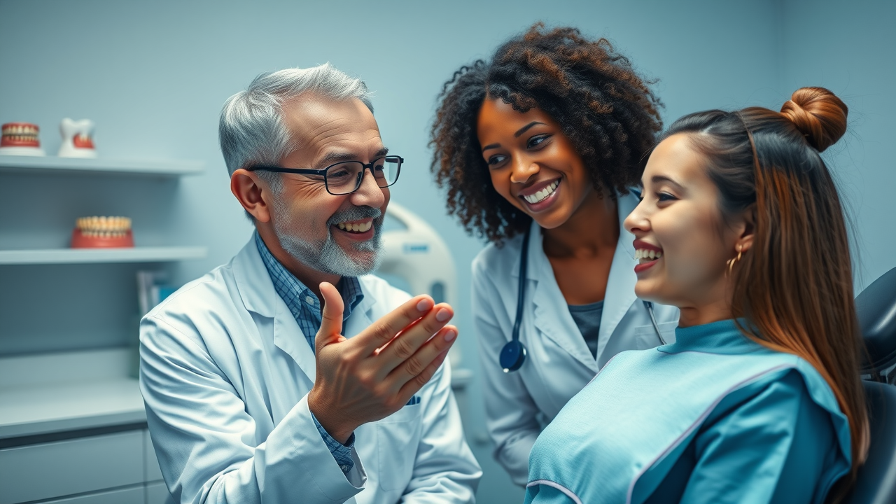 Orthodontist consultation explaining safe foods for braces care, orthodontic services, dental clinic with tooth models and fruits and vegetables