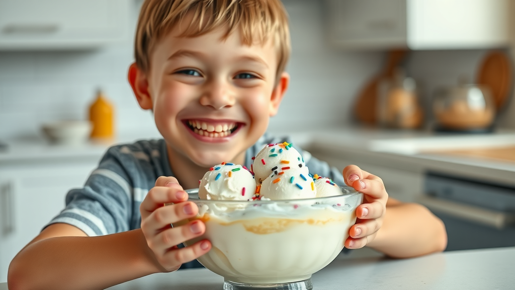 Bowl of ice cream being enjoyed by smiling boy with braces, braces-friendly dessert options for comfortable eating