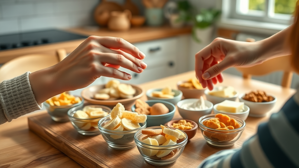 Braces-friendly snack platter with banana slices, soft cheese, and easy foods you can eat with braces