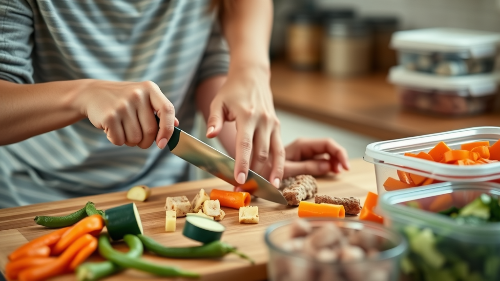Parent preparing bite-sized soft foods for braces, organized kitchen with healthy options for life with braces