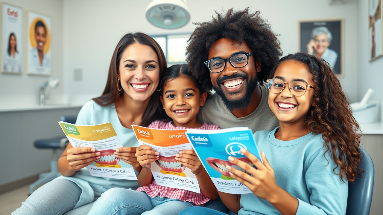 Cheerful diverse family at orthodontic clinic in Murrells Inlet, smiling and sitting together, learning about braces and Invisalign options, modern dental office environment, orthodontic brochures in hand, high detail and natural positioning