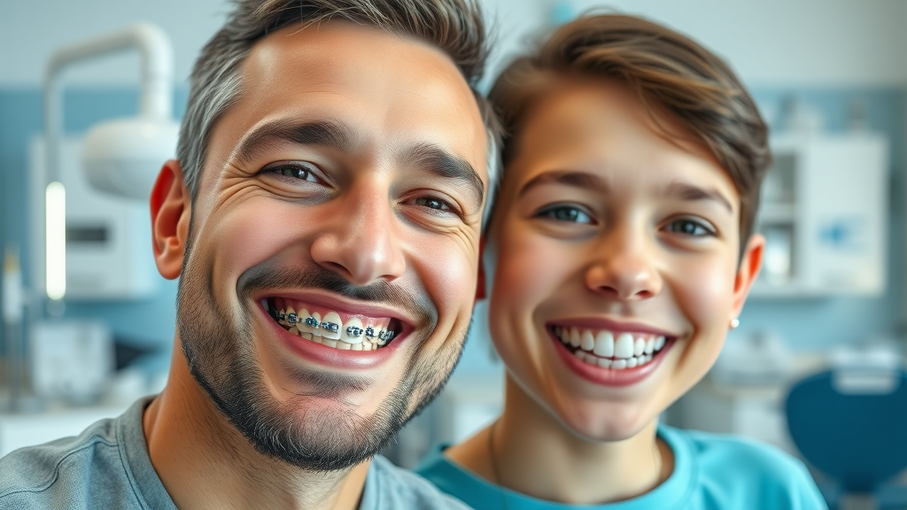 Adult and teen with traditional metal braces smiling in Murrells Inlet orthodontist office, close-up view of dental devices and confident expressions, bright and detailed clinic background