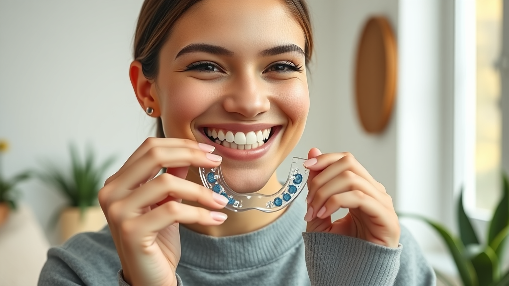 Smiling Murrells Inlet adult holding clear Invisalign aligner, demonstrating orthodontic options, bright home environment with natural and soft details