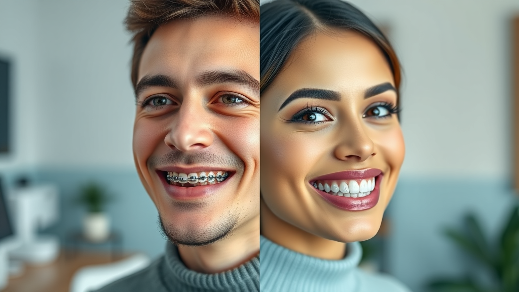 Side-by-side comparison of Murrells Inlet resident with braces and clear Invisalign aligner, illustrating orthodontic options, split background with clinic and home settings