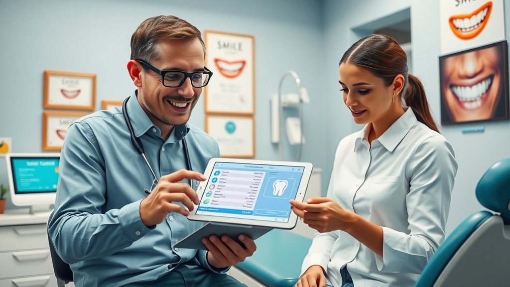 Friendly Murrells Inlet orthodontist discussing braces and Invisalign costs with patient and parent, using a digital tablet with payment chart in modern clinical environment