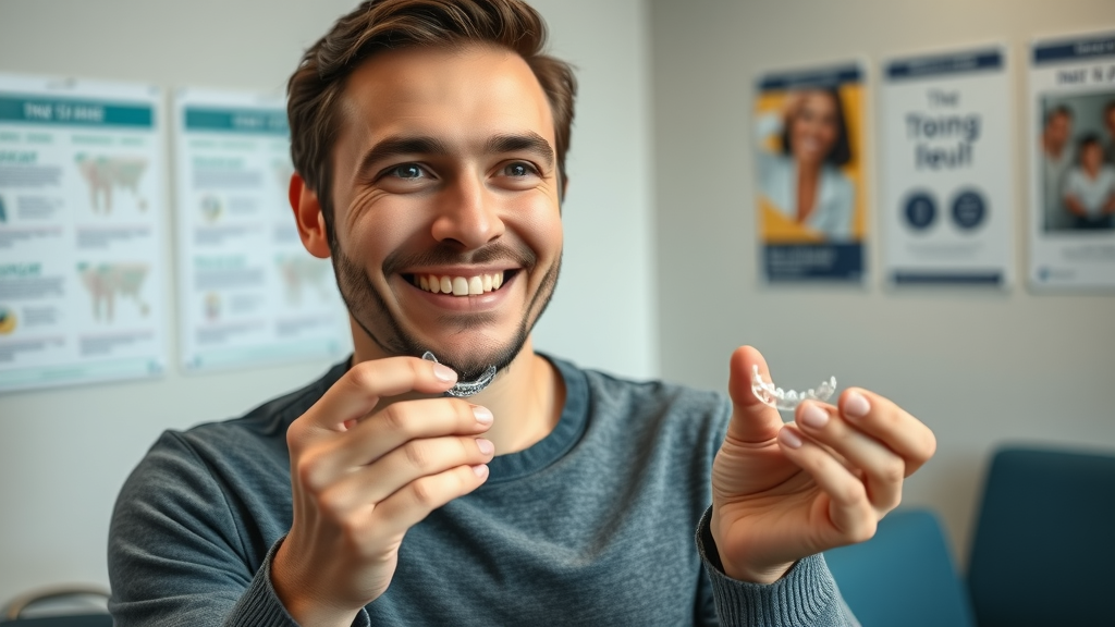 Decisive Murrells Inlet adult weighing traditional braces and Invisalign, thoughtful posture, holding both a clear aligner and braces tool, bright educational dental setting