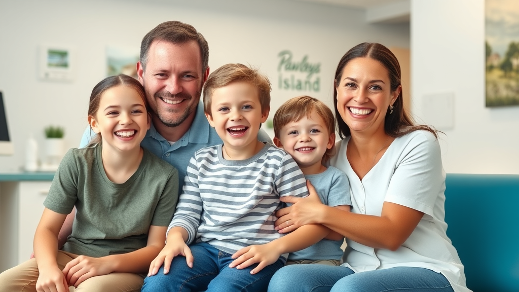 cheerful family with perfect smiles at a Pawleys Island dental clinic expressing happiness, representing insurance coverage for braces in Pawleys Island, SC