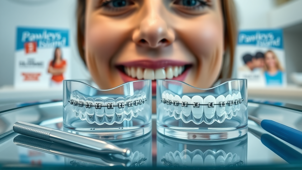 close-up of clear aligners and metal braces comparing dental insurance for braces in Pawleys Island, SC