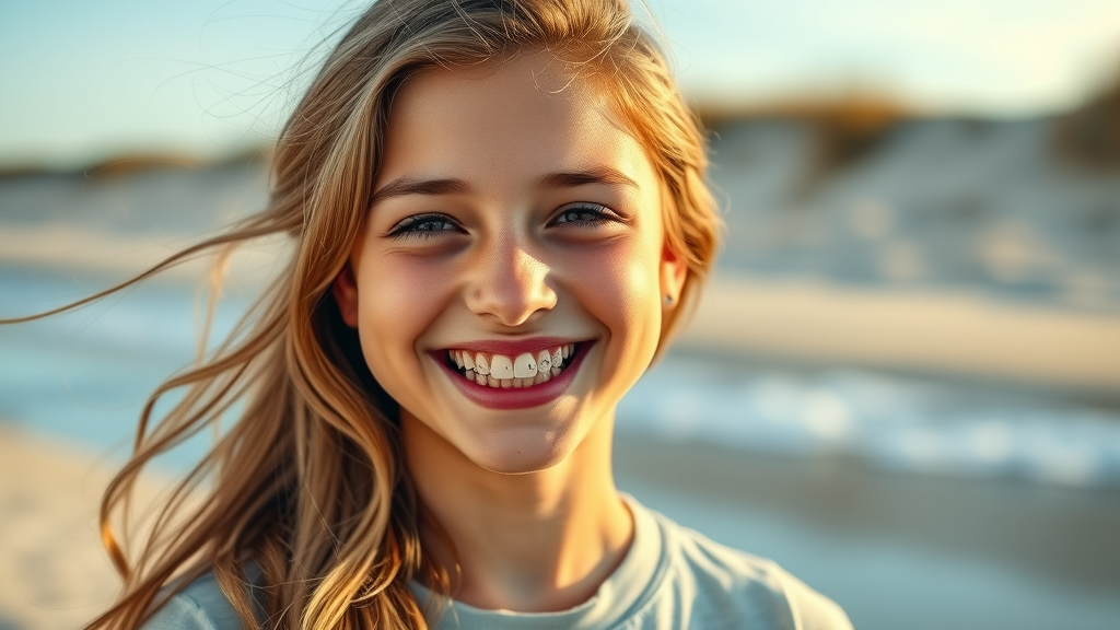 confident teenager with new braces starts orthodontic treatment on Pawleys Island beach in SC