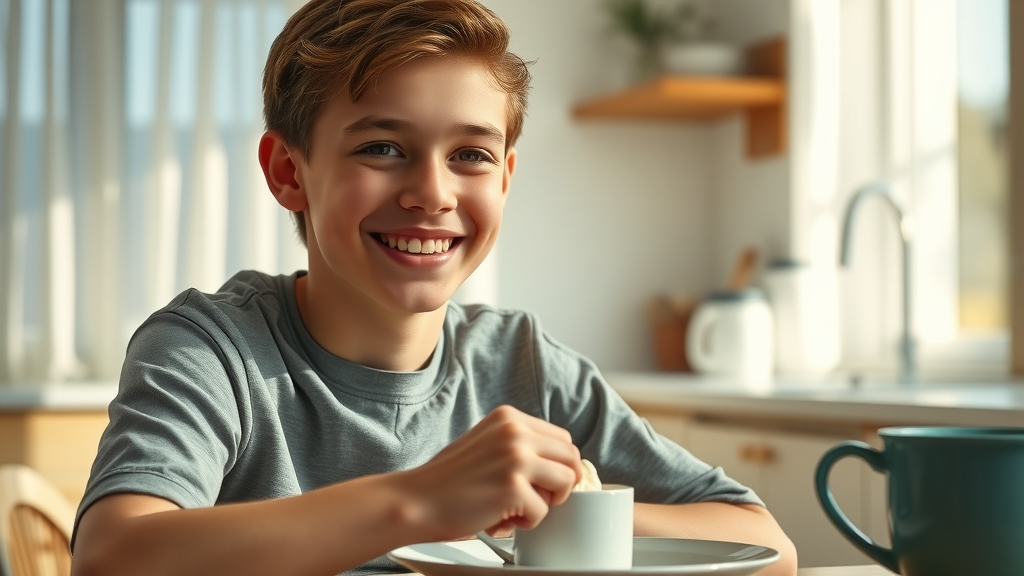 A relatable teenager with new braces smiles gently at a breakfast table, highlighting foods to eat with braces the first week in a sunny kitchen.