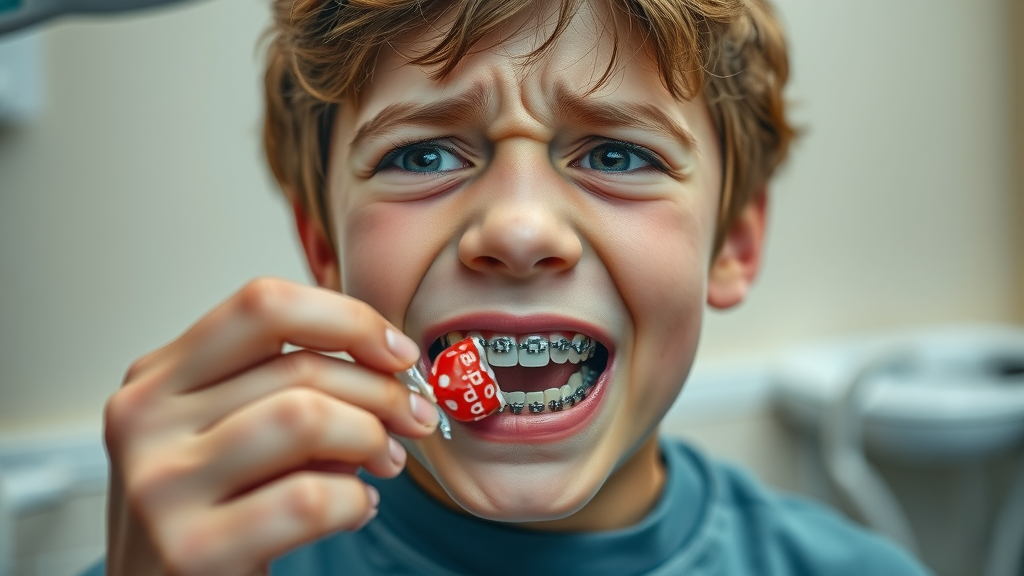 Concerned adolescent with braces examining damaged braces, holding hard candy. Highlights the risks of eating hard food with braces.