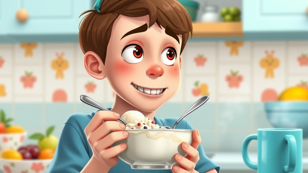 Cautious teen with braces enjoying a bowl of ice cream, showing safe foods to eat with braces the first week in a fun, colorful kitchen.