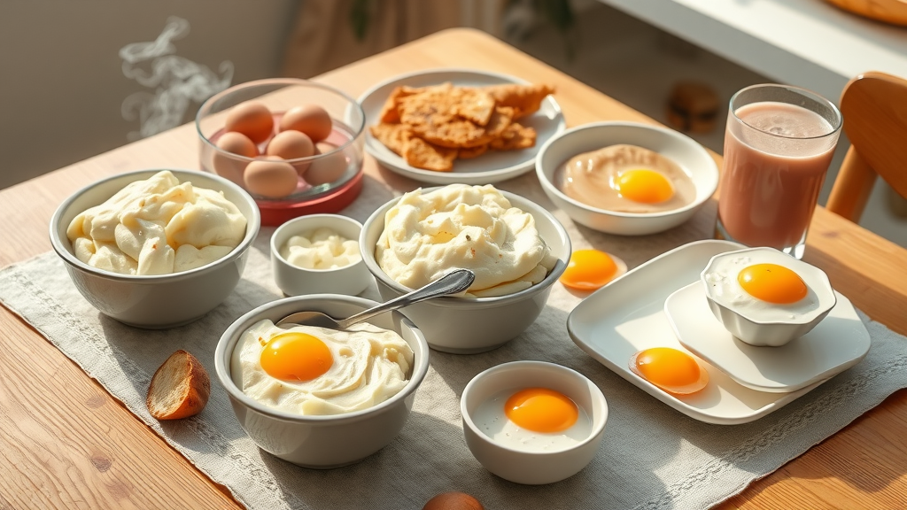 Flat-lay of a soft food meal spread for the first week of braces: mashed potatoes, yogurt, eggs, and a smoothie, colorful and appetizing.