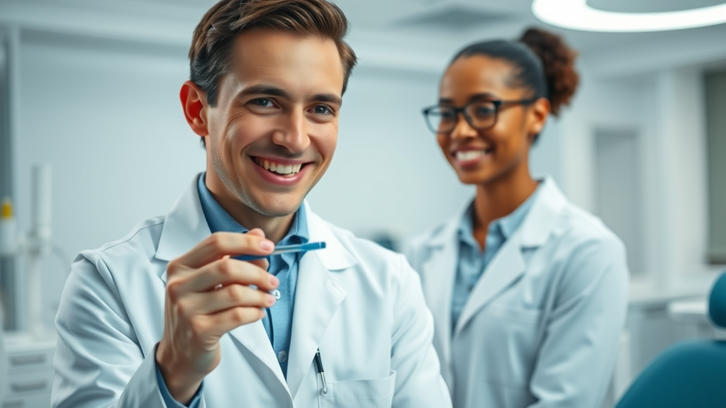 Orthodontist in white coat demonstrating proper brushing technique for braces in a modern dental office.