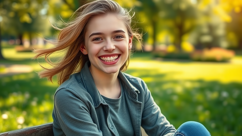 Happy young adult with a beautiful smile after braces, radiating confidence in a sunny park. Healthy smile after successful orthodontic treatment.