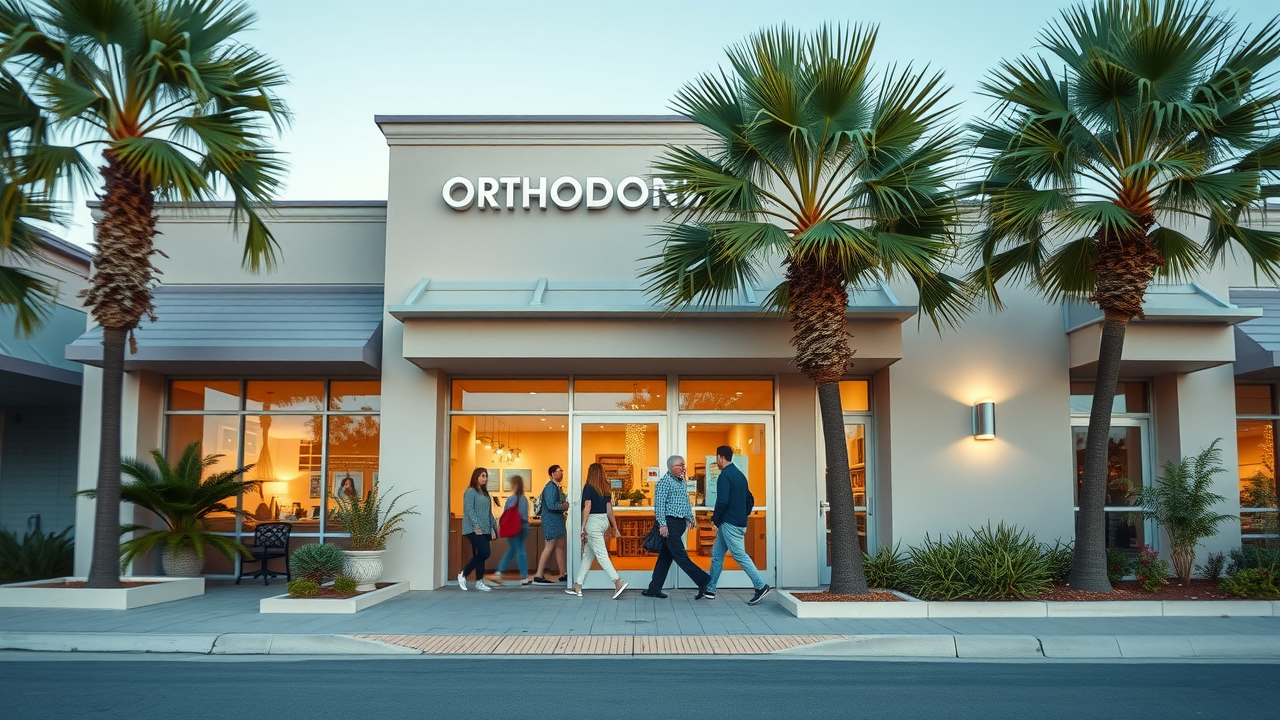 Orthodontic office exterior in North Myrtle Beach with lush palm trees and coastal architecture, North Myrtle Beach braces cost location illustration