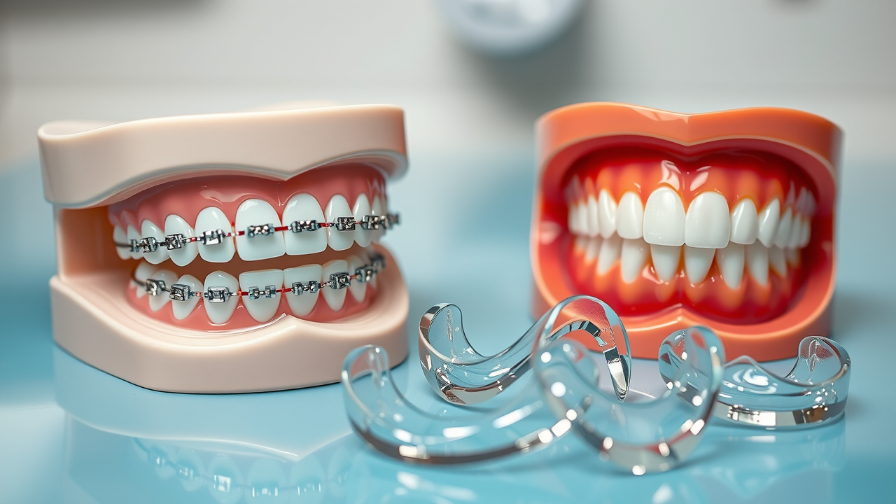 Metal braces, ceramic braces, clear aligners displayed on dental molds in North Myrtle Beach dental clinic