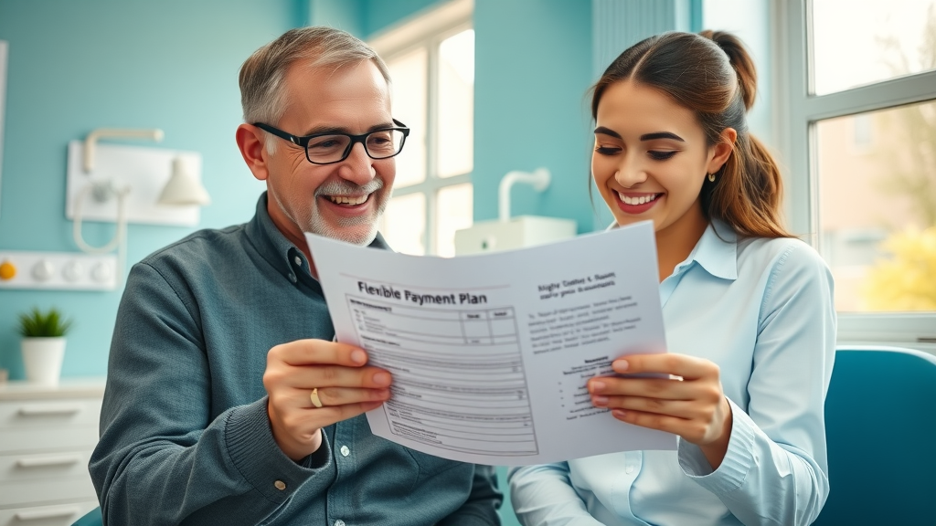 Parent and teenage patient review orthodontic payment plan brochure with staff in North Myrtle Beach
