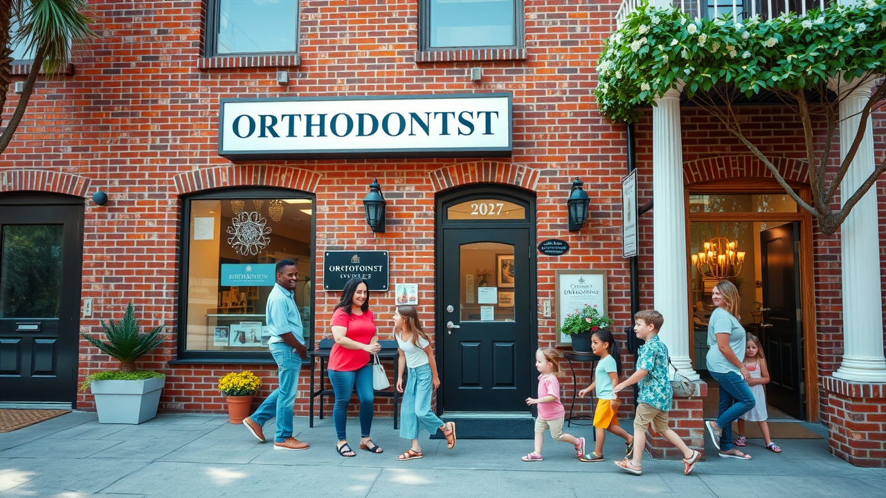 Welcoming orthodontist office exterior in Georgetown, SC, cheerful atmosphere, patients arriving for appointments. Historic brick building with clear signage. Vibrant colors. Natural daylight.