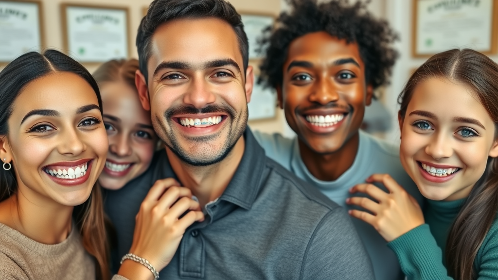Happy diverse family displaying beautiful smiles in a dental office setting in Georgetown, SC, with braces and clear aligners. Warm neutral colors, natural poses. Certificates on the wall.