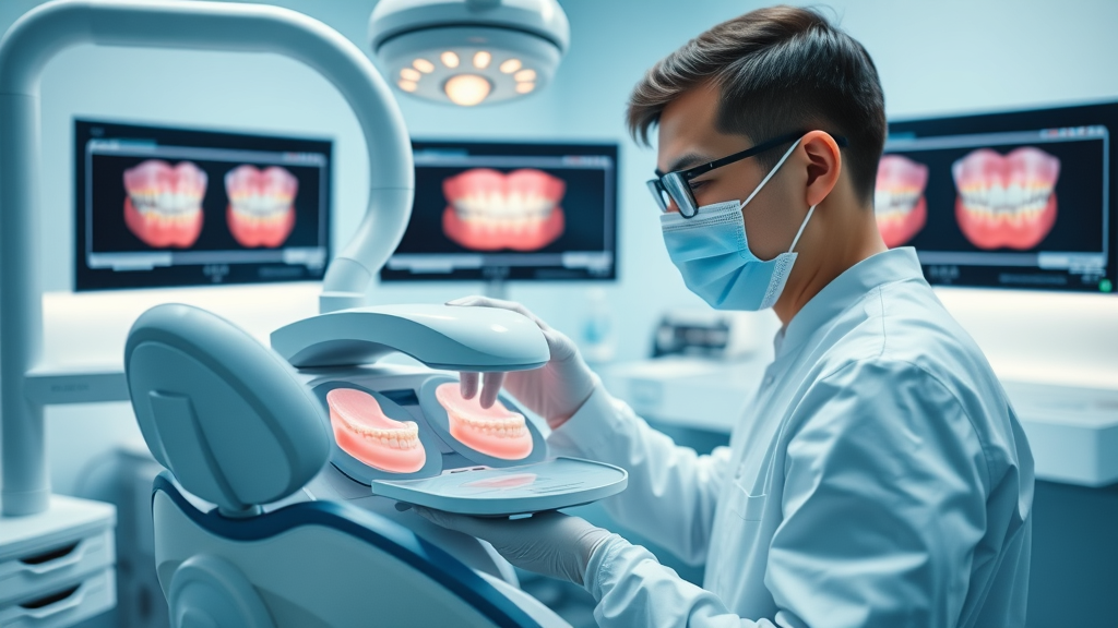 Modern orthodontic equipment including a digital scanner in a clean clinical room in Georgetown, SC. Monitors display digital teeth models. Bright LED lighting, detailed action, professional setting.