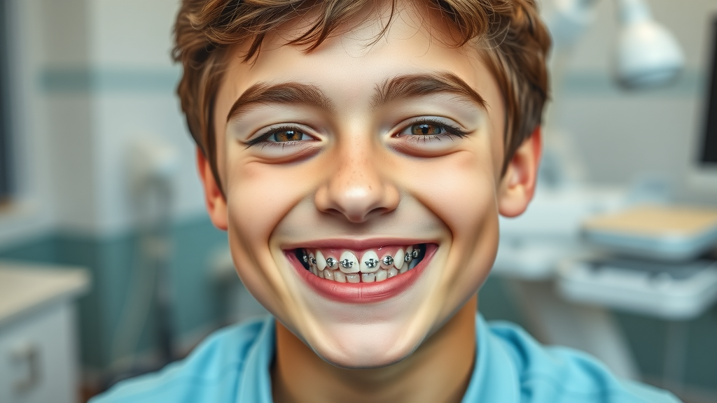 Smiling teenager with metal braces showing confidence at a dental clinic in Georgetown, SC. Orthodontic equipment in the background, light blue shirt.