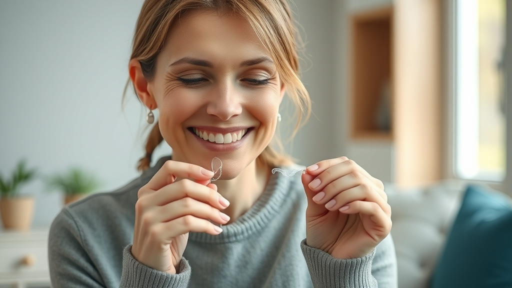 South Carolina woman inserting a clear aligner at home. Gentle pastel colors, clear demonstration of aligner use, devoted to oral health.