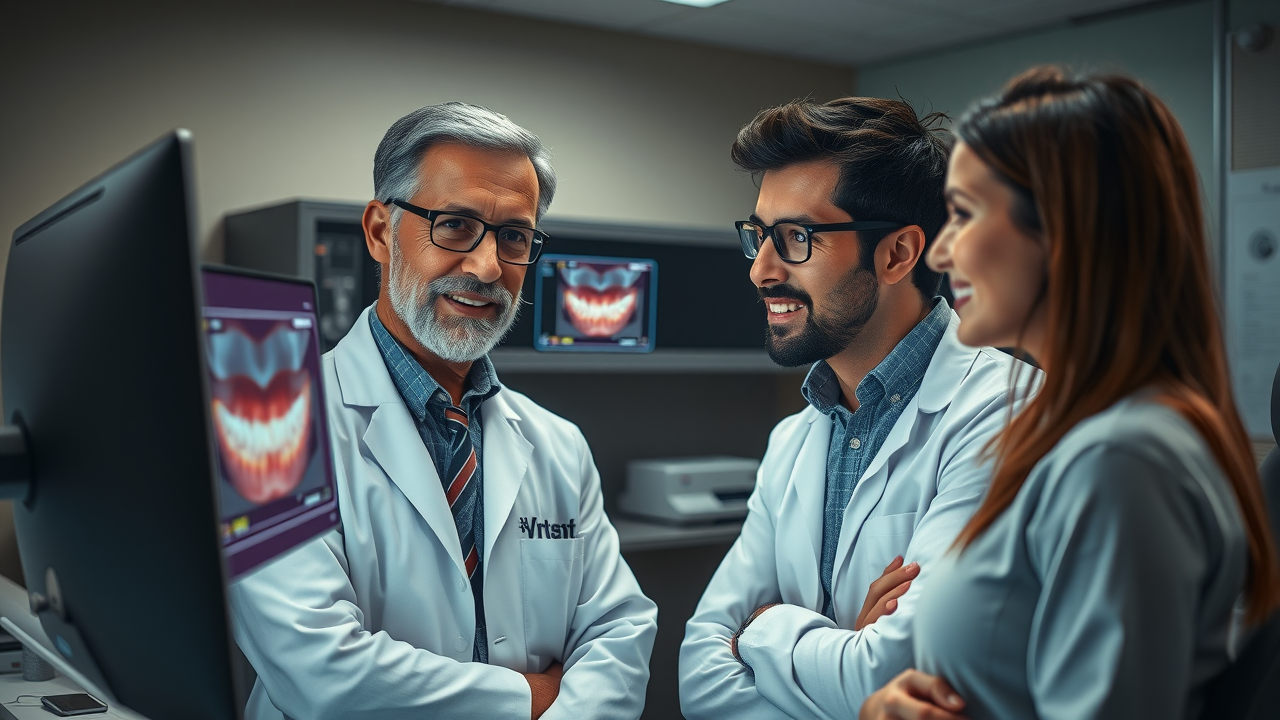 Orthodontist and patient discussing a digital treatment plan in Georgetown, SC. High-tech office with 3D dental scan displayed. Collaborative and attentive expressions.