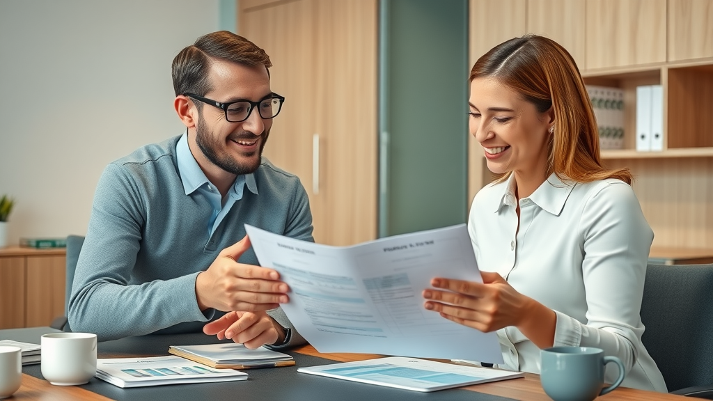 Patient and financial advisor reviewing orthodontic payment plans in Georgetown, SC. Friendly expressions, consultation room with brochures, discussing documents at a desk.