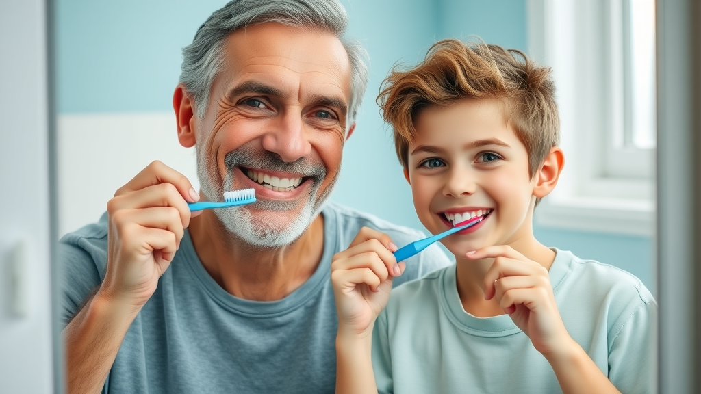 Mature adult and teen brushing teeth together, promoting lifelong oral and dental health in a cozy home bathroom in Georgetown, SC. Joyful expressions, blue walls.
