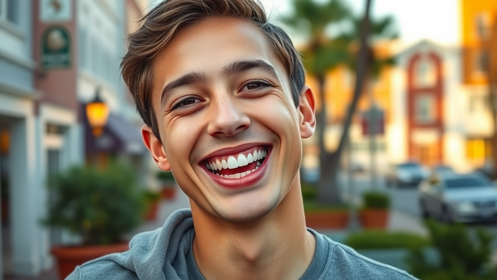 Joyful young adult with a new beautiful smile after orthodontic treatment in downtown Georgetown, SC. Confidence, recognizable spring landmarks, golden hour sunlight.