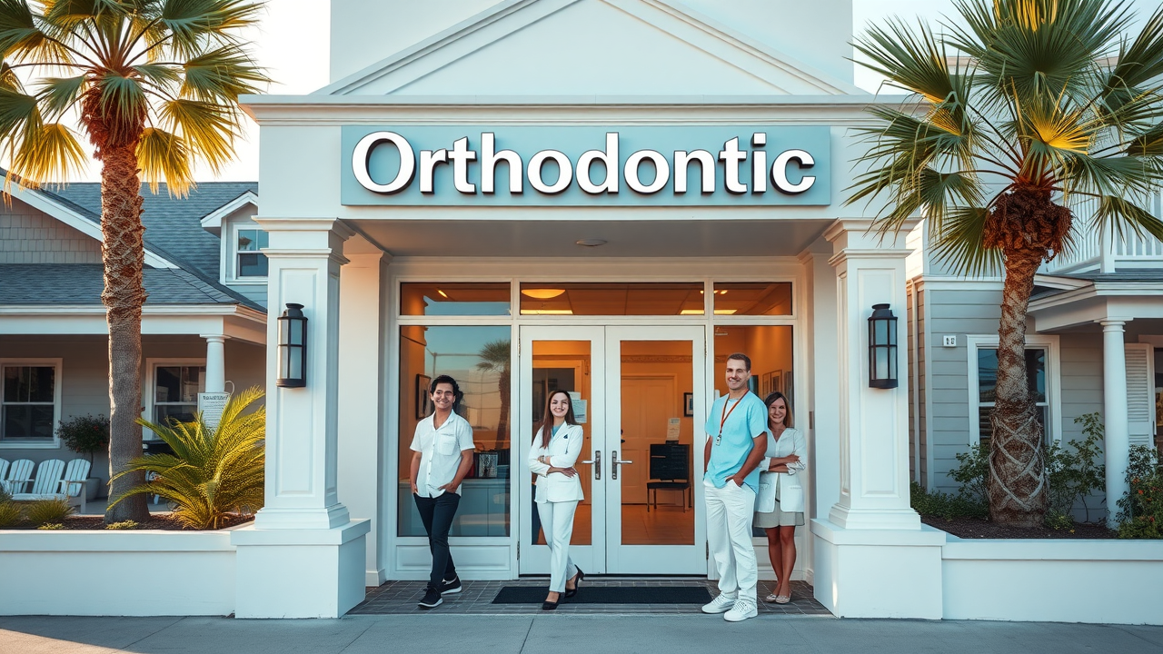Inviting Pawleys Island dental clinic exterior featuring a bright and clean atmosphere, friendly staff, and coastal neighborhood background with palm trees - pawleys island orthodontist directory